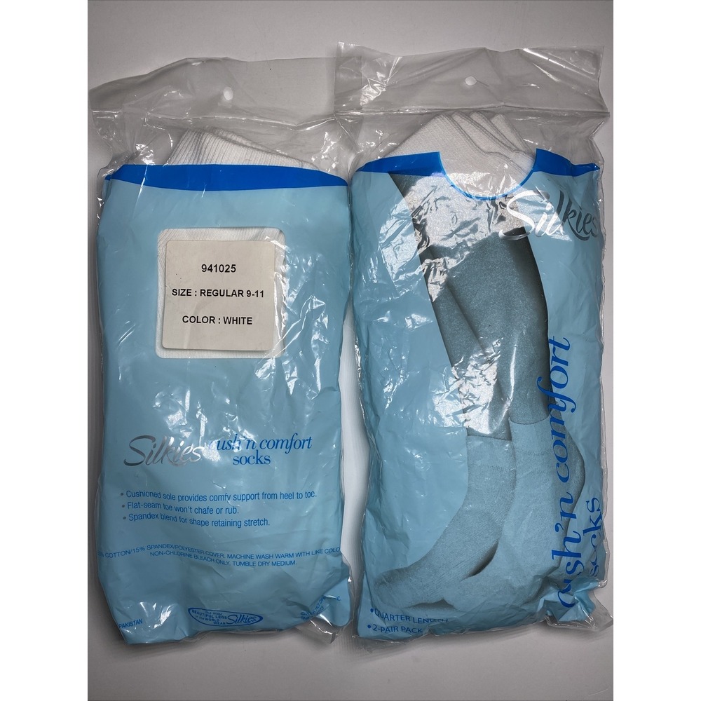 SILKIES 2-PAIR PACK WHITE CUSH'N COMFORT QUARTER SOCKS SIZE REGULAR 9-11 NWT